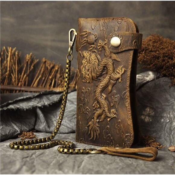 Mens Genuine Leather Bifold Wallet Organizer Checkbook Iron Chain - Picture 2 of 8